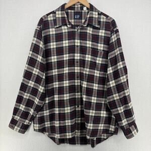 GAP Shirt Men L Flannel Tartan Plaid Button Long Sleeve Cotton Blue Vintage